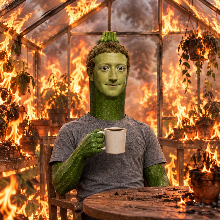 The zucchini sitting calmly with a coffee inside a burning greenhouse