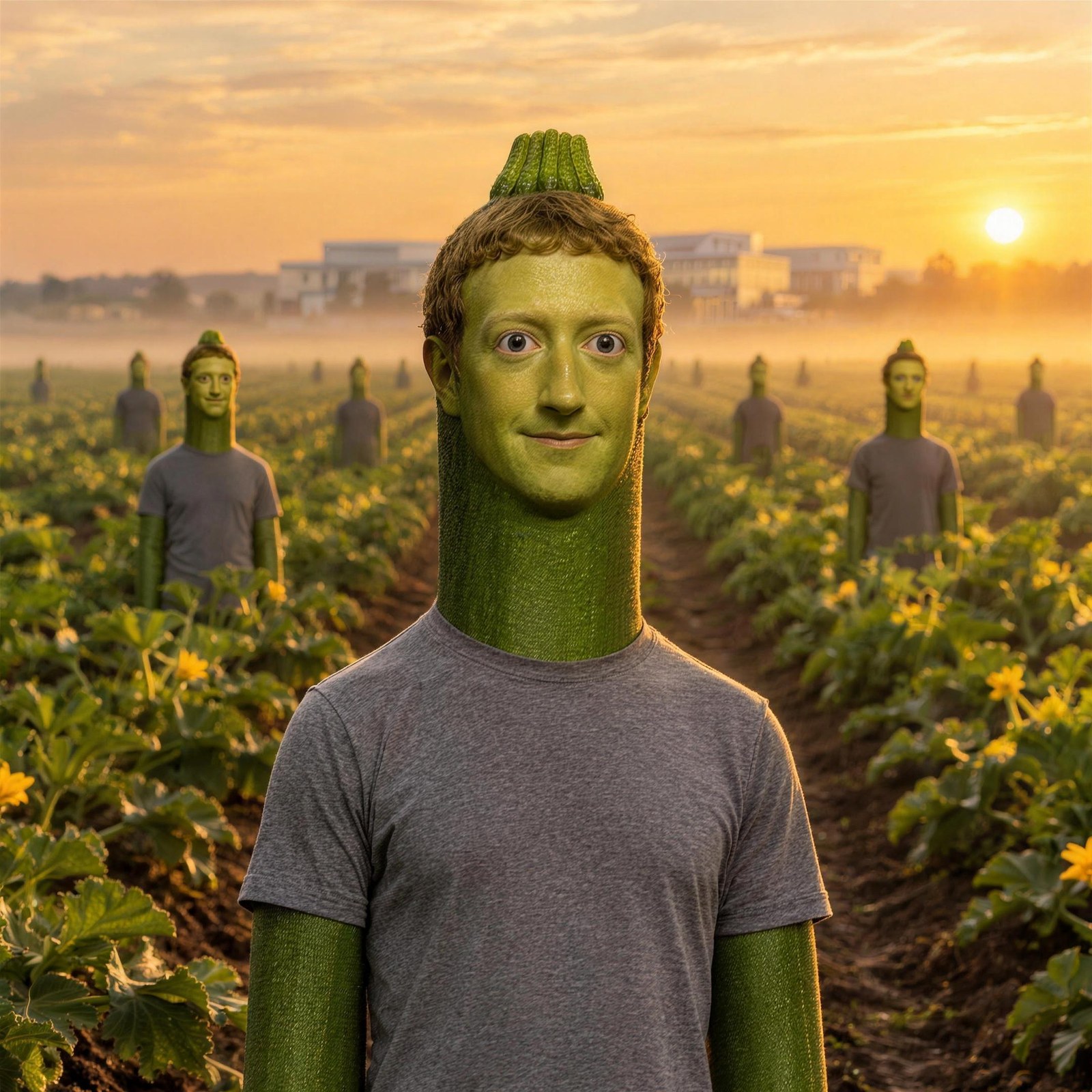Mark Zucchini standing in a vegetable field at sunrise, with identical figures planted in rows behind him